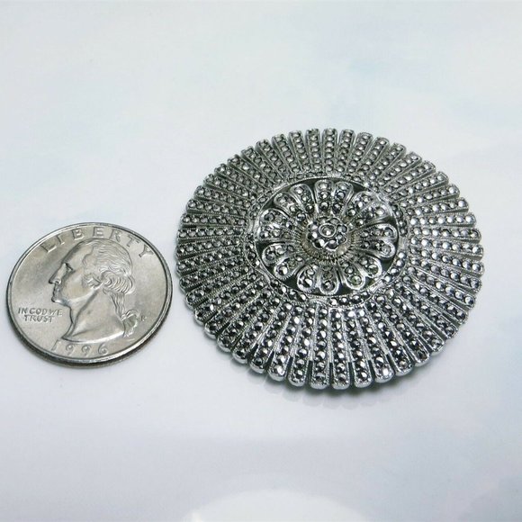 Luxurious Art Deco Sterling Silver Marcasite Cluster Ornate Fan Brooch By KD - Picture 5 of 5